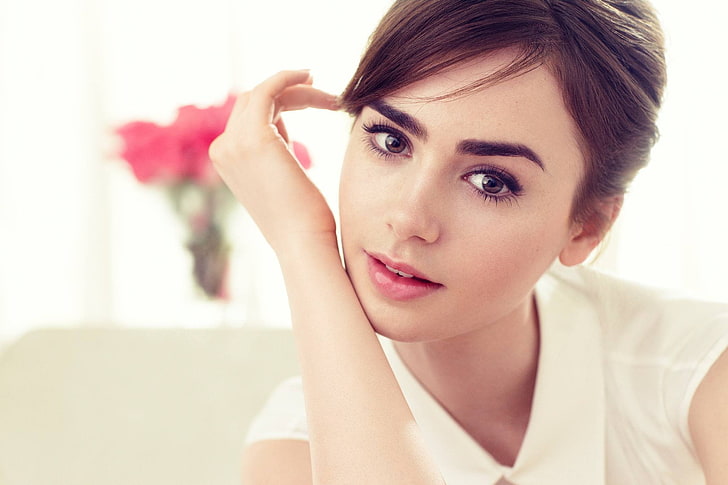 hand on face, looking at viewer, celebrity, brown eyes, actress, Lily Collins, face, touching face, women, brunette, HD wallpaper