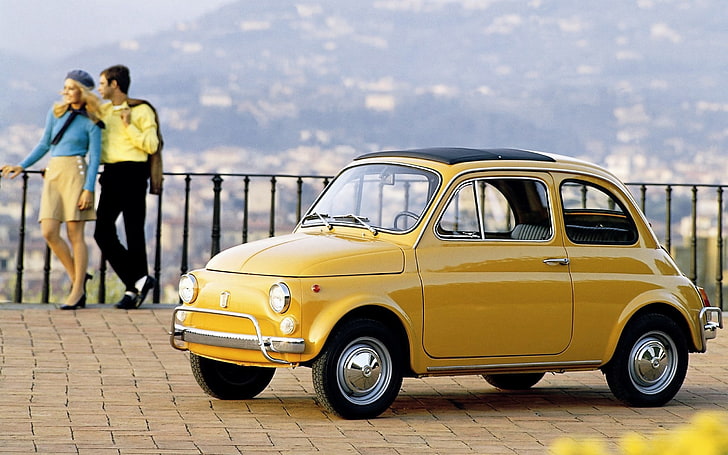 Fiat 500 Vintage, yellow Fiat 500, Cars, Fiat, yellow, couple, HD wallpaper