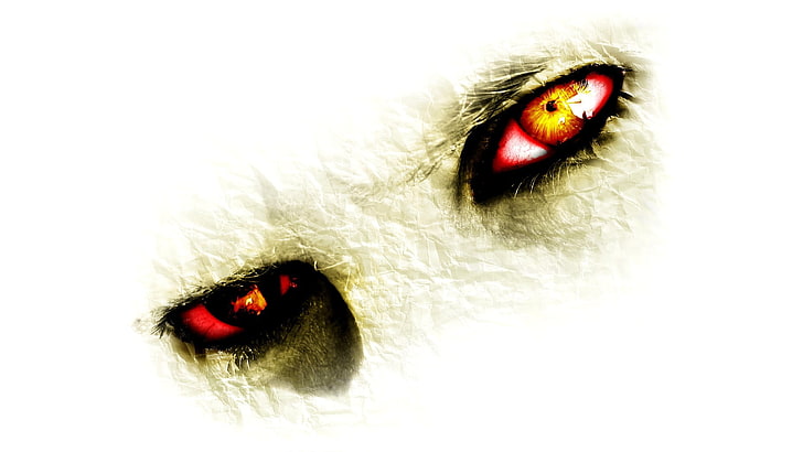 ilustracja czerwonych oczu, sztuka cyfrowa, żółte oczy, zbliżenie, stwór, czerwone oczy, papier, białe tło, grafika, oczy, Tapety HD
