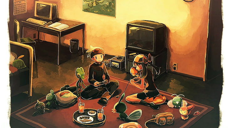 candeeiro de mesa preto e vermelho com estampa floral, Pokémon, jogos de vídeo, GameCube, HD papel de parede