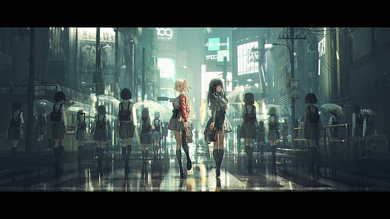 Lycoris Recoil, Inoue Takina, Nishikigi Chisato, anime girls, pioggia, ombrello, Sfondo HD HD wallpaper