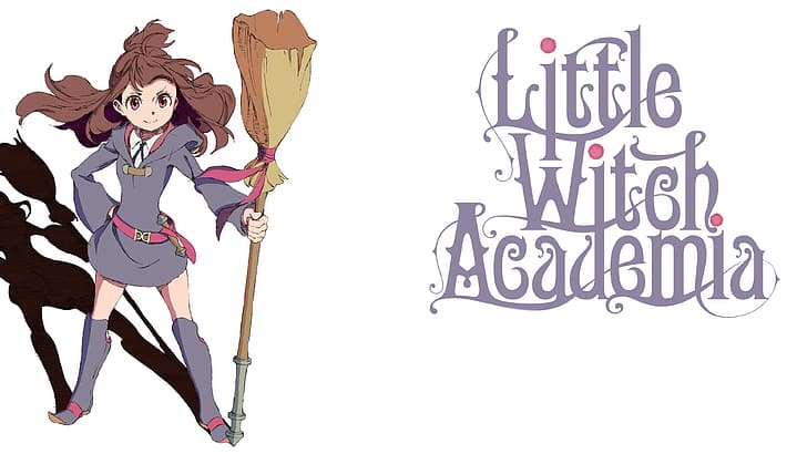 Little Witch Academia, Kagari Atsuko, broom, robes, shadow, text, witches broom, HD wallpaper