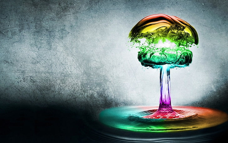 грибные облака, разноцветные, вода, взрыв, атомная бомба, цифровое искусство, HD обои