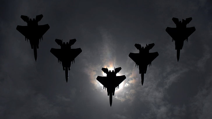 cinco aviones de combate negros, aviones, militares, aviones, guerra, F-15 Strike Eagle, Fondo de pantalla HD