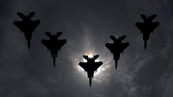 five black fighter planes, aircraft, military, airplane, war, F-15 Strike Eagle, HD wallpaper HD wallpaper