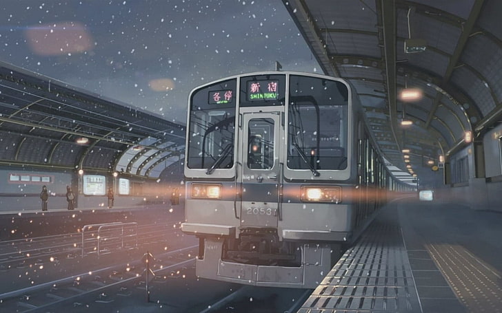 treno digitale grigio e arancione, Makoto Shinkai, treno, stazione ferroviaria, neve, Sfondo HD