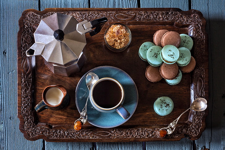coffee, milk, cookies, still life, tray, coffee pot, HD wallpaper