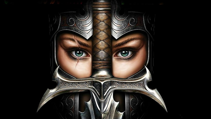женски рицар илюстрация, жени, войник, броня, меч, лице, очи, фентъзи изкуство, белези, черен фон, HD тапет