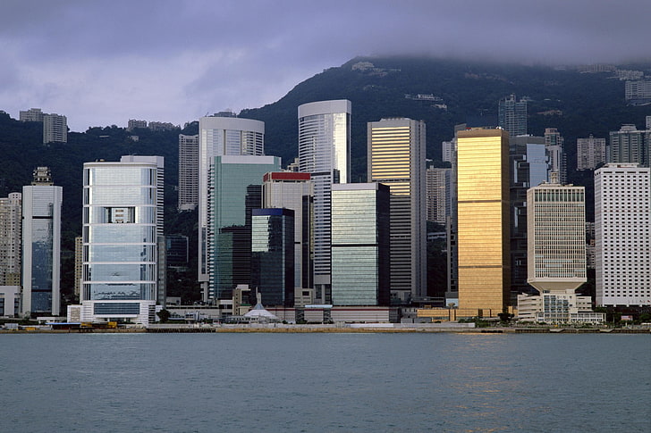 sea, water, photography, urban, city, cityscape, building, skyscraper, hills, Hong Kong, HD wallpaper