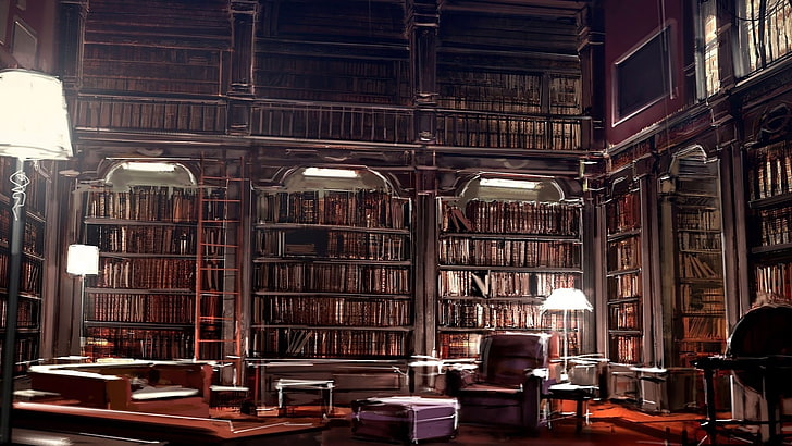 biblioteca, vintage, livros, lâmpada, sofá, escada, HD papel de parede