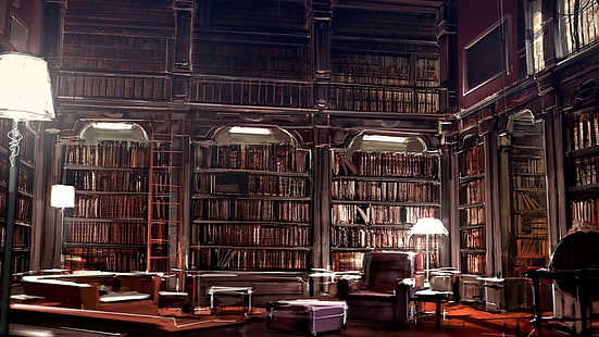 библиотека, винтаж, книги, лампа, кушетка, лестница, HD обои HD wallpaper