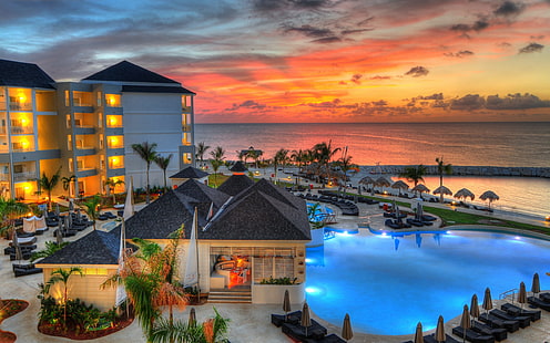 Sonnenuntergang, Hotel, Himmel, Schwimmbad, HD-Hintergrundbild HD wallpaper