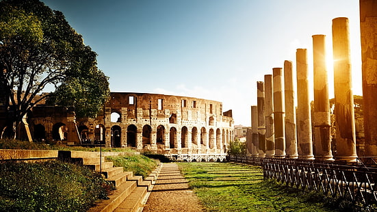 Colosseum, Rome, italy, rome, colosseum, light, tower, ruins, HD wallpaper HD wallpaper