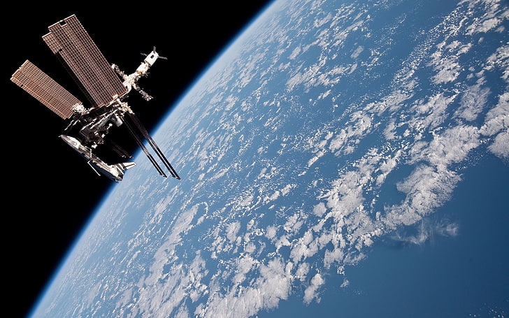 satelit abu-abu, Stasiun Luar Angkasa Internasional, pesawat ulang-alik, Endeavour, luar angkasa, NASA, Bumi, Wallpaper HD