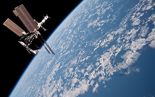 szary satelita, Międzynarodowa Stacja Kosmiczna, prom kosmiczny, Endeavour, kosmos, NASA, Ziemia, Tapety HD HD wallpaper