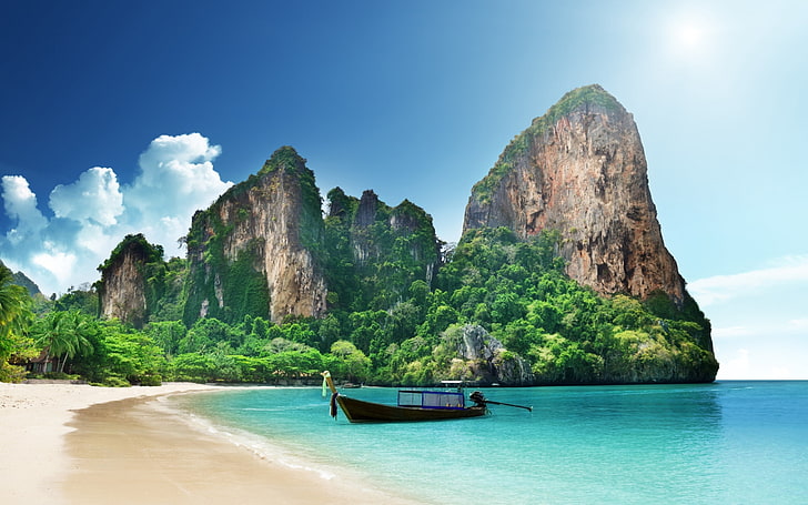 illustrazione marrone del peschereccio, Tailandia, mare, oceano, barca, roccia, Sfondo HD