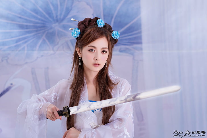Modelli, Mikako Zhang Kaijie, asiatico, cinese, acconciatura, forcina, spada, taiwanese, costume tradizionale, Sfondo HD