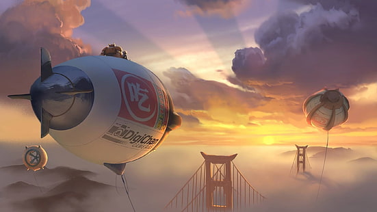 zepellin above of Golden Gate bridge, Hiro Hamada (Big Hero 6), Baymax (Big Hero 6), Big Hero 6, film animati, film, Sfondo HD HD wallpaper