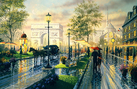 Paris Walk By Ken Shotwell, lukisan pria dan wanita dengan payung berjalan di trotoar, Artistik, Gambar, Paris, Jalan, Wallpaper HD HD wallpaper