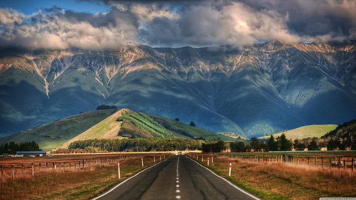 green mountains, mountains, clouds, sunlight, road, New Zealand, HD wallpaper