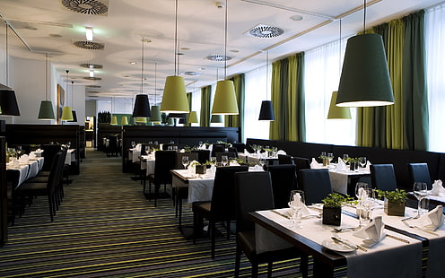 tavolo da pranzo bianco e sedie nere, ristorante, bar, design, stile, tavoli, sedie, Sfondo HD HD wallpaper