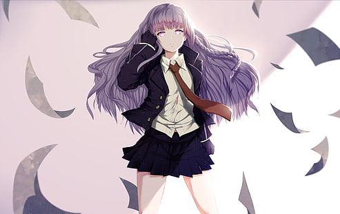 Purple haired girl in black and white school uniform digital wallpaper, anime girls, Kirigiri Kyouko, Danganronpa, schoolgirl, Tapety HD HD wallpaper