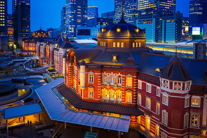 Bâtiment, Japon, Tokyo, ville de nuit, Marunouchi, Tokyo Station, Fond d'écran HD