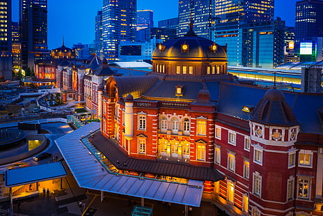 edificio, Japón, Tokio, ciudad de noche, Marunouchi, estación de Tokio, Fondo de pantalla HD HD wallpaper