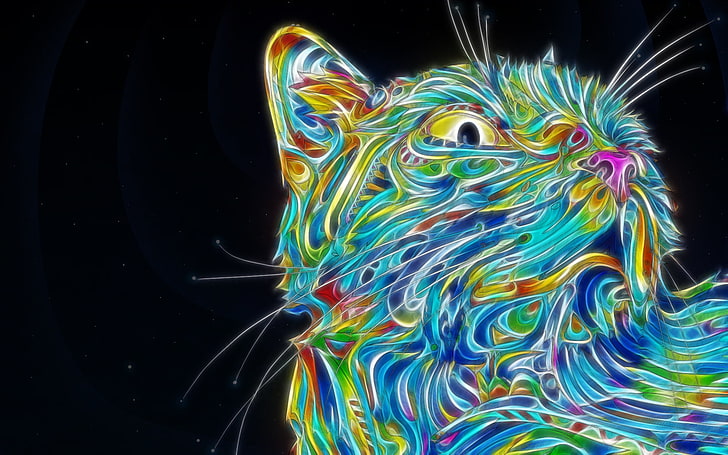 illustrazione di gatto multicolore, gatto, colorato, Matei Apostolescu, psichedelico, frattalo, animali, arte digitale, Sfondo HD