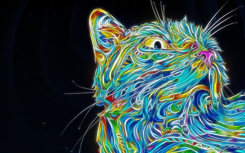 ilustrasi kucing warna-warni, kucing, warna-warni, Matei Apostolescu, psychedelic, Fractalius, hewan, seni digital, Wallpaper HD HD wallpaper