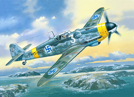 brown and yellow airplane painting, the sky, war, fighter, Art, Messerschmitt, German, piston, single-engine, Bf.109, G-6, fascist, Finnish air force, HD wallpaper HD wallpaper