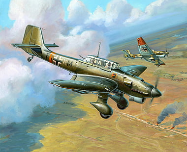 pintura de dois aviões de combate, o avião, figura, coisa, Junkers, bombardeiro de mergulho, força aérea, Luftwaffe, Ju 87, Stuka, Zhirnov, 7./St.G 77, HD papel de parede HD wallpaper