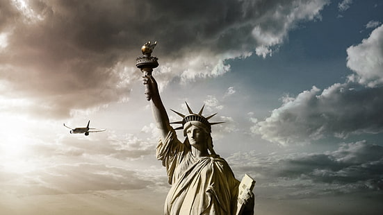 Statue Of Liberty, Statue of Liberty, clouds, airplane, statue, HD wallpaper HD wallpaper