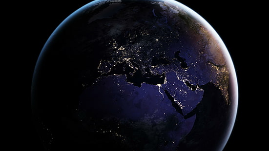 세계, 위성 이미지, 우주 사진, 인간 정착, 도시 조명, 야간 조명, 검은 대리석, 파란 대리석, 행성, 나사, 지구, 지구,지도, 대양, 중동, 아프리카, 유럽, HD 배경 화면 HD wallpaper