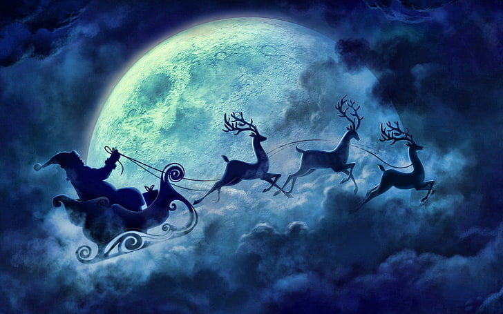 Santa Claus and reindeer illustration, Santa and deer during full moon digital wallpaper, santa, Santa Claus, Christmas, snow, winter, HD wallpaper