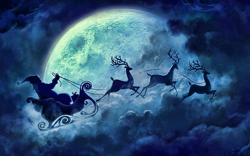 Santa Claus and reindeer illustration, Santa and deer during full moon digital wallpaper, santa, Santa Claus, Christmas, snow, winter, HD wallpaper HD wallpaper