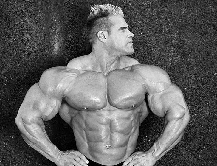 pose, muscle, press, black and white, athlete, biceps, bodybuilder, abs, Jay Cutler, HD wallpaper