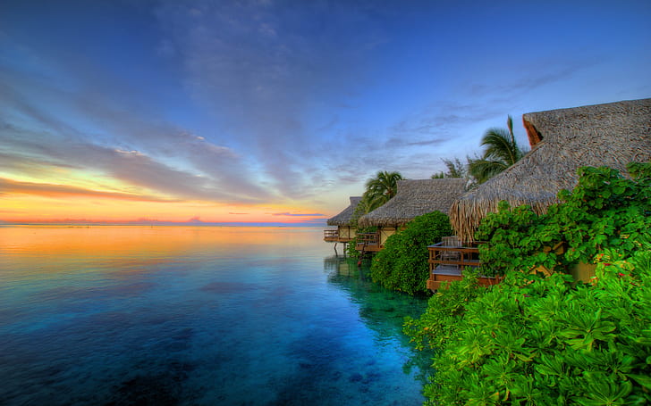 Matahari terbenam, Pulau Moorea, Tahiti, Wallpaper HD