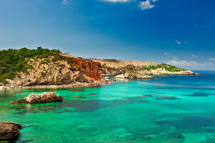 sea, stones, coast, island, Spain, Ibiza, HD wallpaper