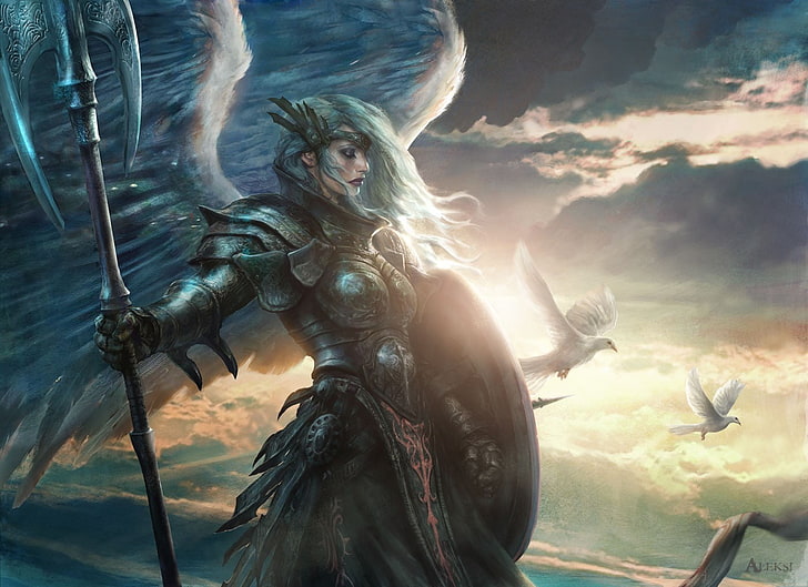 wanita dengan sayap memegang ilustrasi perisai, Magic: The Gathering, angel, Wallpaper HD