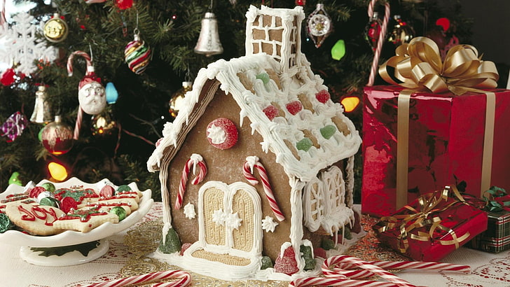 gingerbread house, camping, food, sweet, cookies, christmas, HD wallpaper