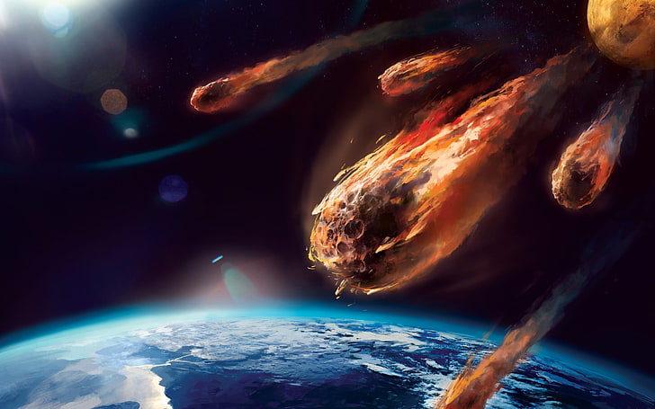 lukisan meteorit, asteroid, luar angkasa, 3D, planet, Wallpaper HD