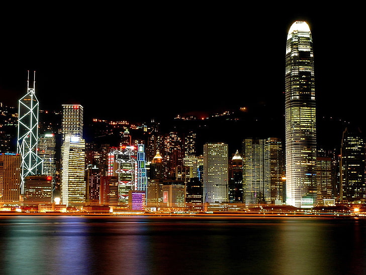 архитектура, град, пристанище Виктория, градски пейзаж, Хонконг, градски светлини, небостъргач, HD тапет