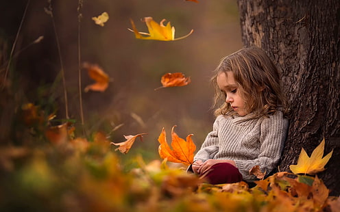 悲しい少女の紅葉、葉、秋、少女、 HDデスクトップの壁紙 HD wallpaper
