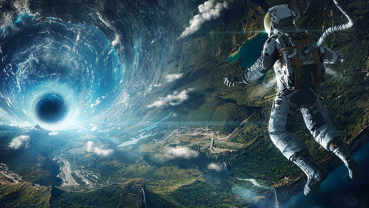 stasiun ruang angkasa buatan gravitasi fantasi seni seni digital astronot angkasawan lanskap awan alam danau hutan bintang futuristik terowongan lubang cacing, Wallpaper HD
