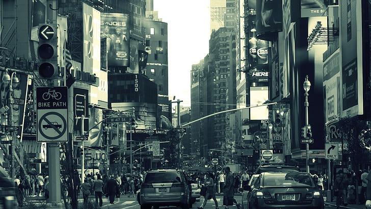 architettura, cartelloni pubblicitari, edificio, automobile, città, folla, filtro, monocromatico, città new york, persone, cartello stradale, strada, semafori, urbano, stati uniti, Sfondo HD