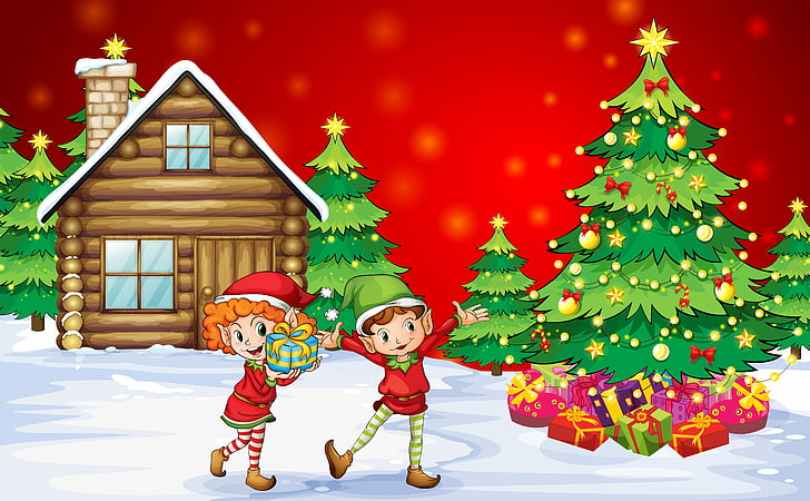 Christmas tree and house beside elf wallpaper, snow, happiness, children, vector, new year, home, Christmas, boy, girl, gifts, house, art, Christmas tree, kids, Christmas Customs, HD wallpaper