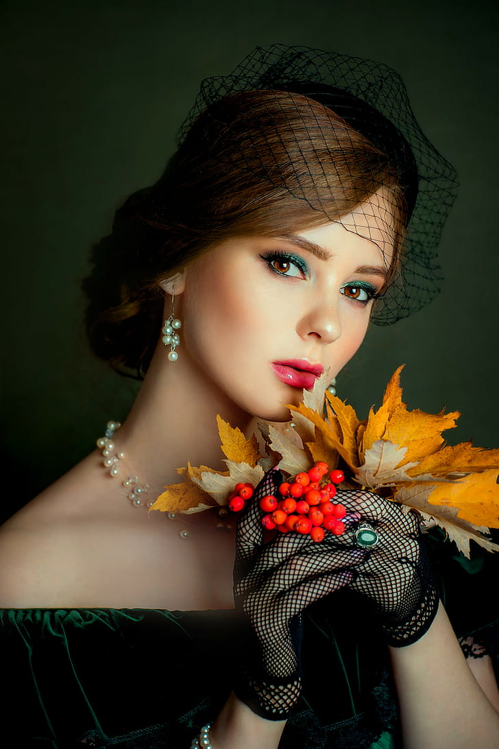 Olga Boyko, women, hat, fishnet, gloves, jewelry, fashion, glamour, Retro style, make up, eyeshadow, lipstick, lip gloss, brown eyes, looking at viewer, fall, leaves, food, fruit, rings, earring, necklace, beads, dress, portrait, simple background, HD wallpaper