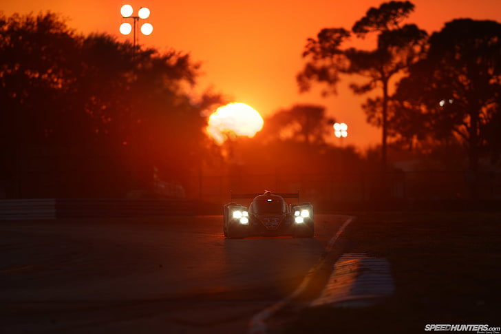 car, lights, race, racing, sunset, HD wallpaper