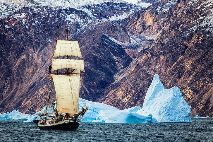 sea, mountains, sailboat, Denmark, ice, icebergs, the fjord, Greenland, Harefjord, HD wallpaper
